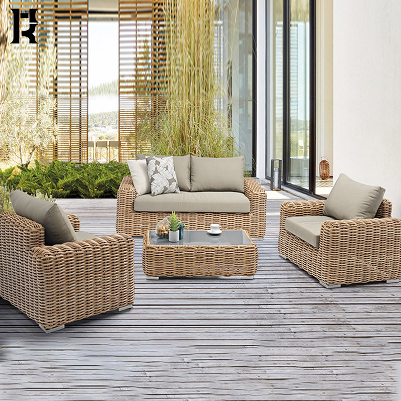 Luxurious Outside Lounge Couch Set - Aluminum and Handwoven Rattan Wicker for Patio and Balcony